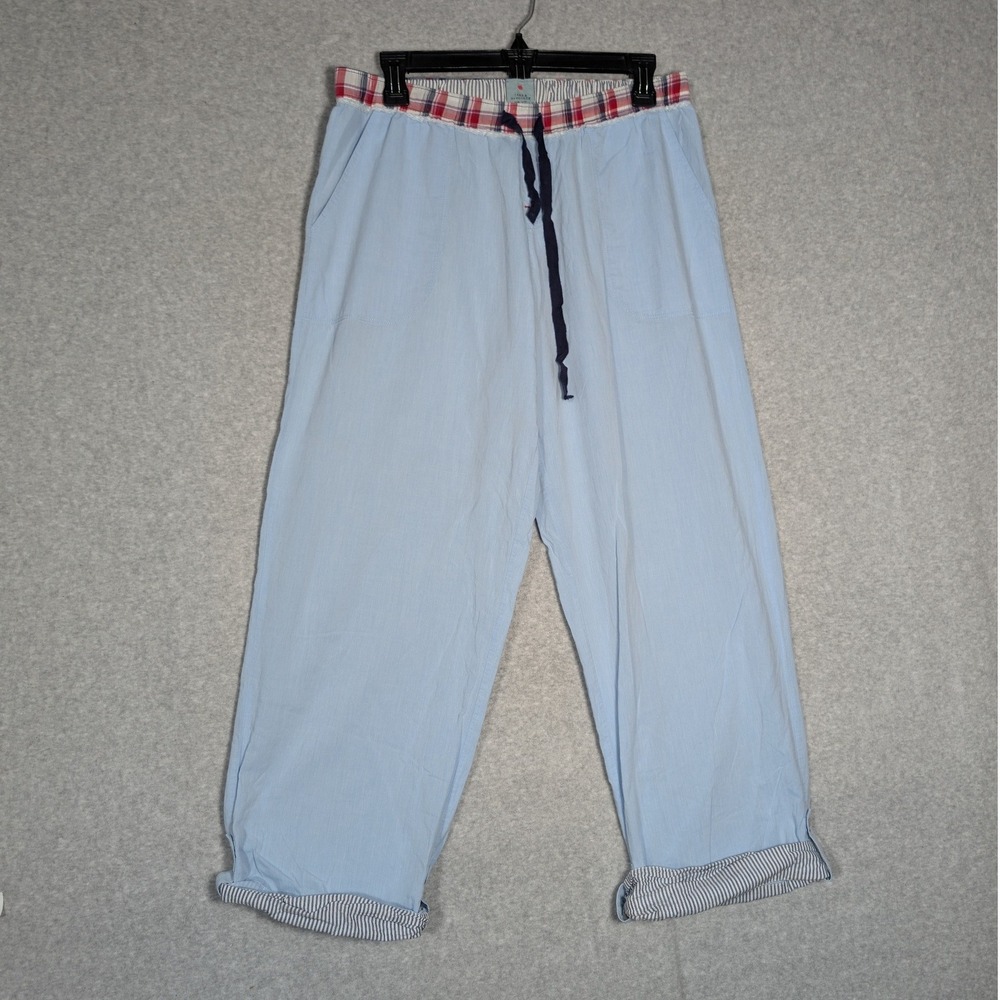 Jane & Bleecker Pajama Pants Womens M Blue Cotton Plaid Trim Lounge Roll Tab Hem